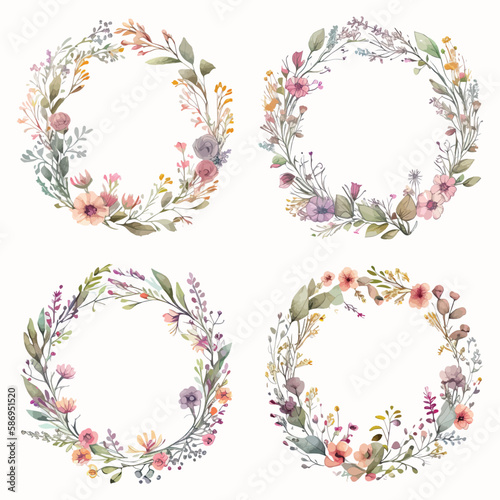 frame made of watercolor thin stems of flowers with colorful flowers, white background, watercolor style, vector