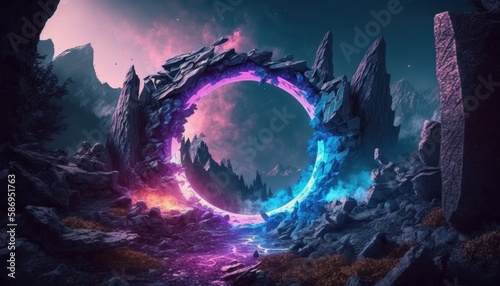 Fantasy mountain landscape with a round neon portal against a cloudy stormy sky. Surreal dystopian alien world. 3D rendering. AI generated.