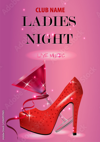 Lady Night invitation with red high heeled shoe and red cocktail