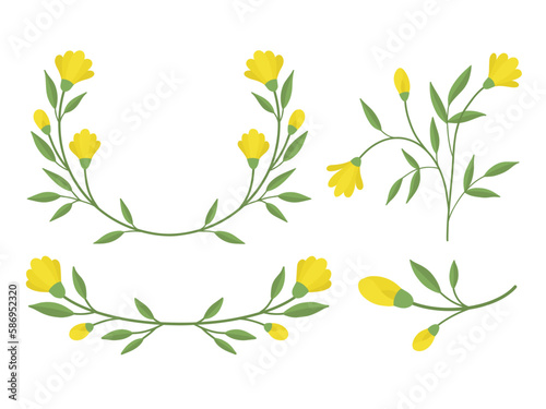 A set of delicate sprigs of yellow flowers. Vector illustration of vintage cute yellow flowers. Delicate flower for decoration. Isolated.