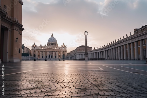 Sunrise over the Saint Peter's Square in Rome. Generative AI. photo