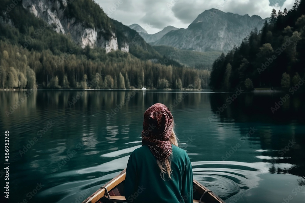 Muslim woman in rowboat looking at lake, generative ai Muslim woman in rowboat looking at lake, generative ai