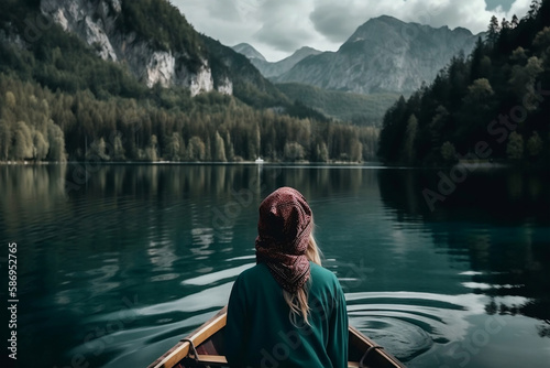 Muslim woman in rowboat looking at lake, generative ai © jambulart