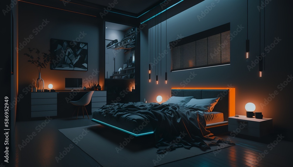 beautiful, dark, modern bedroom with LED lights beautiful, dark, modern bedroom with LED lights