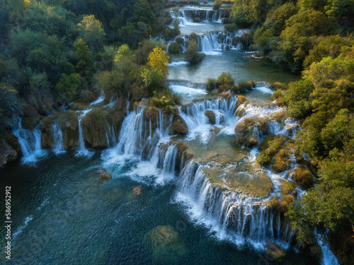 Amazing aerial view of the beautiful waterfall cascade  famous Skradinski buk  one of the most beautiful waterfalls in Europe and the biggest in Croatia  nature landscape  outdoor travel background