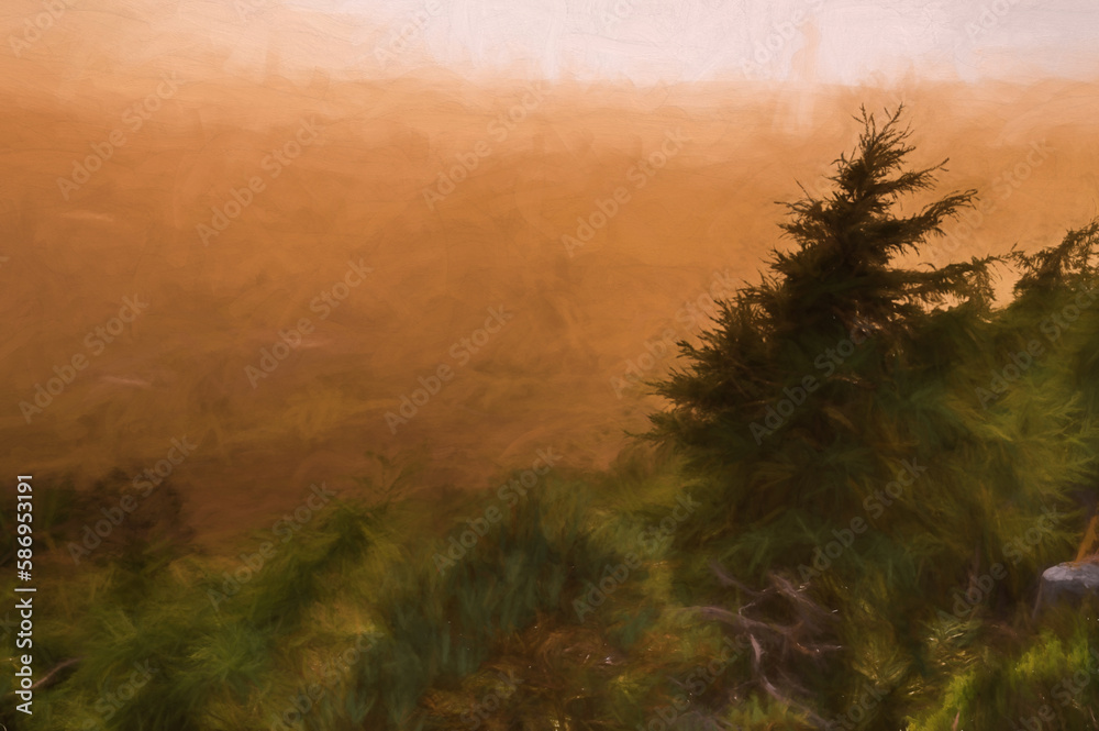Digital painting of trees, heather and rocks at The Roaches in the Peak District National Park. Digital painting of trees, heather and rocks at The Roaches in the Peak District National Park.