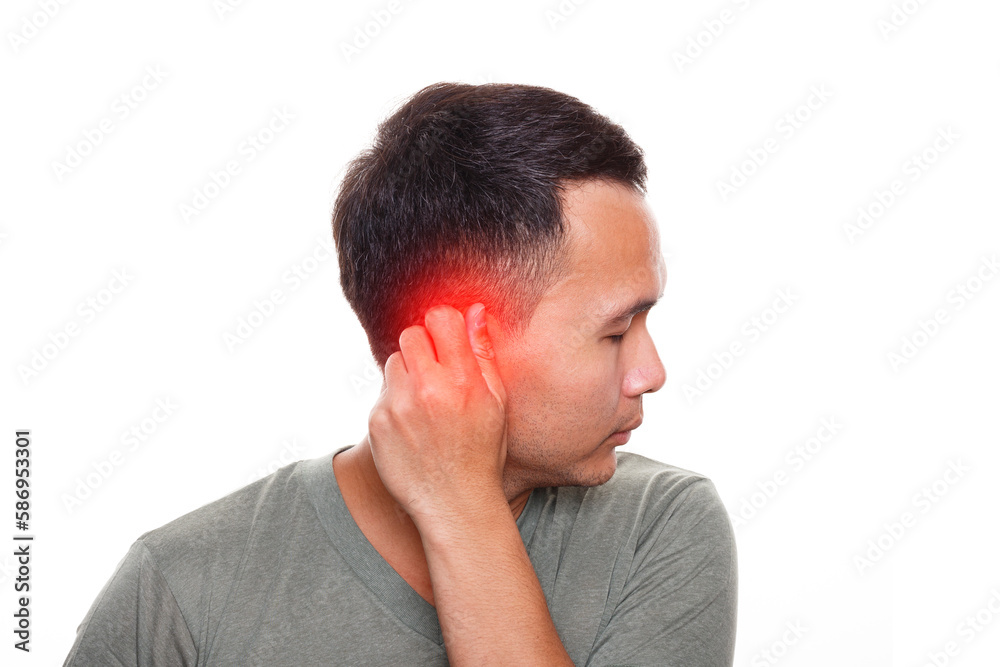 Fototapeta premium Man has sore ear. Isolated on white background. Healthcare and health problem concept