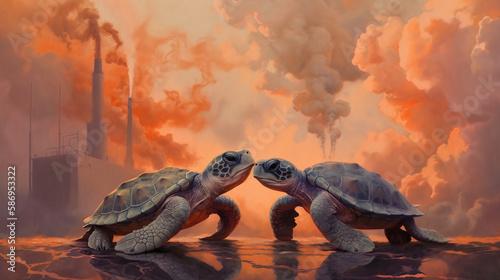 turtle standing looking at toxic fumes from a petrochemical refinery at sunrise. Generative AI. © Gassenee