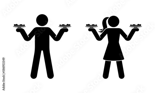Stick figure man woman waiter waitress standing with meal plates vector set. Stickman person people serve food icon silhouette pictogram