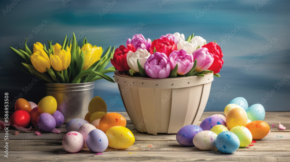 Colorful tulips in a basket with Easter eggs wallpaper created with Generative AI Colorful tulips in a basket with Easter eggs wallpaper created with Generative AI