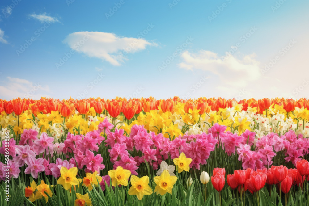 Spring flowers in a field under a blue sky created with Generative AI