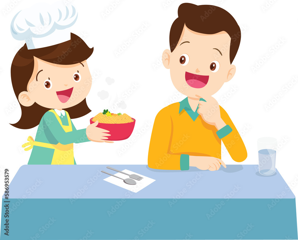 cute little chef kids serving food to table