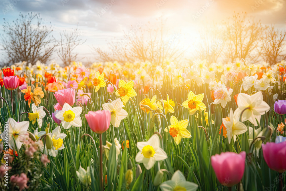 Field of tulips, daffodils, and sunset created with Generative AI