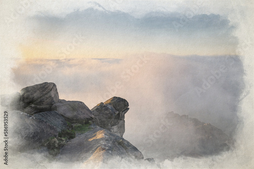 Springtime digital watercolour painting of a sunrise cloud inversion, and mist at The Roaches, Staffordshire.