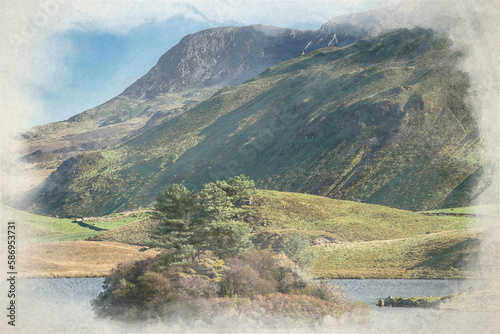 Digital watercolour painting of Penygader, and Cadair Idris during autumn in the Snowdonia National Park, Dolgellau, Wales. photo