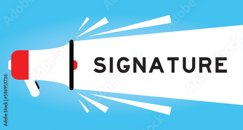 Color megaphone icon with word signature in white banner on blue background