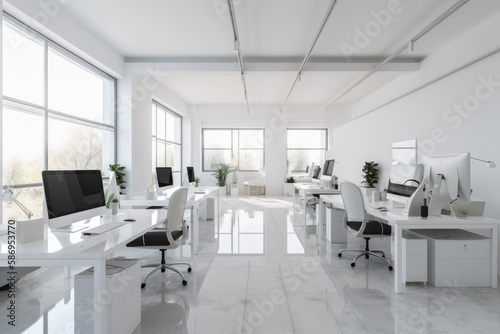 A sleek and modern white and open space office with a spacious and tidy aesthetic. Has minimalist furnishings in a bright and airy atmosphere with large windows and white walls. Generative AI © MVProductions