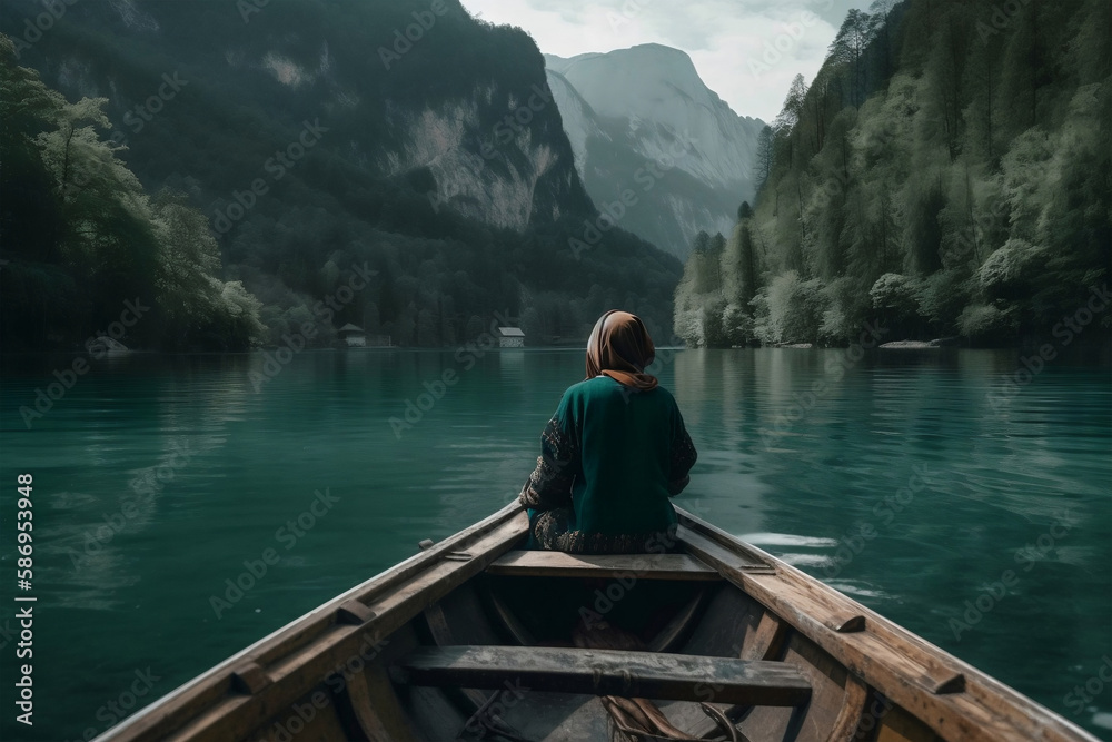 muslim woman alone on boat with nice view, generative ai muslim woman alone on boat with nice view, generative ai
