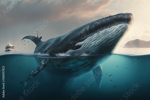 Blue whale swimming near the surface. AI generative.