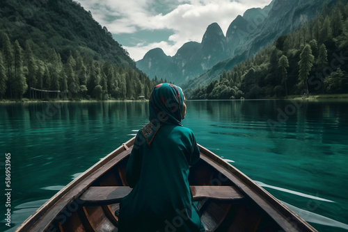 muslim woman alone on boat with nice view, generative ai © jambulart