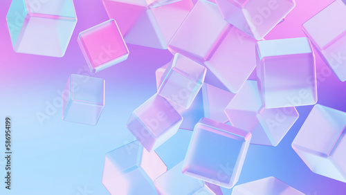 ピンクと水色のグラデーションがかわいい空間, 透明なキューブが浮かぶ3Dレンダリング背景