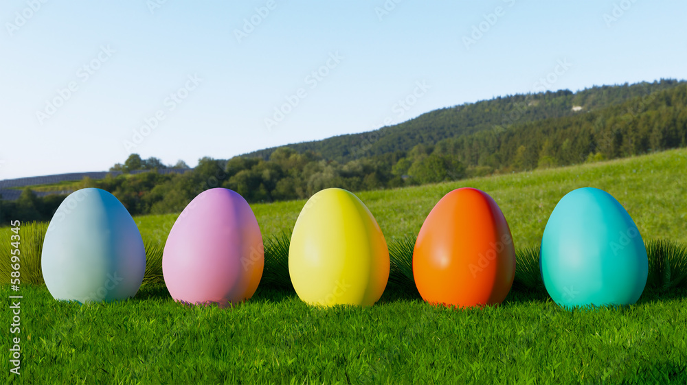 Colorful easter eggs lying on grass with mountains in background sunny day 3D Illustration Colorful easter eggs lying on grass with mountains in background sunny day 3D Illustration