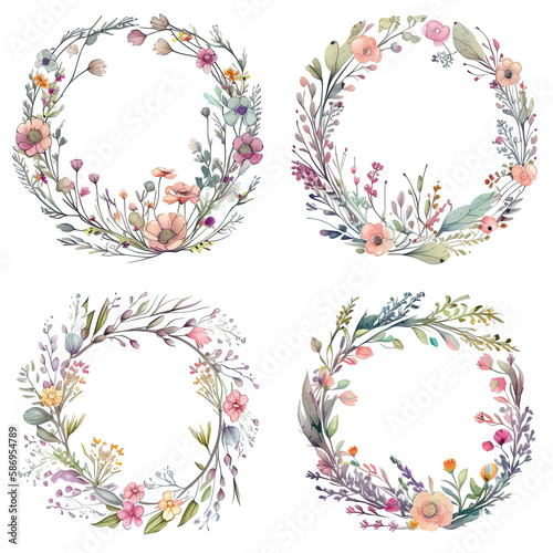 frame made of watercolor thin stems of flowers with colorful flowers, white background, watercolor style, © arts_vector