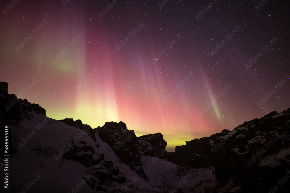 Pink aurora borealis over snow covered volcanic rocks, thingvellir Iceland