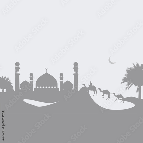 Eid al Fitr Background Silhouette Of The Mosque And The Camels