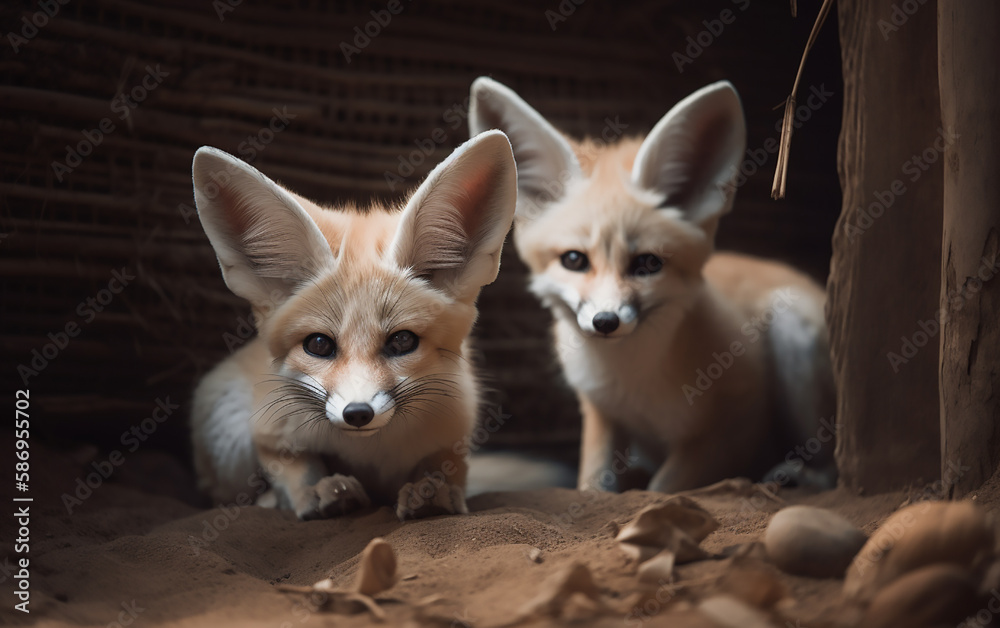 In the dim light of their den, fennec fox siblings sit close, their faces illuminated with curiosity