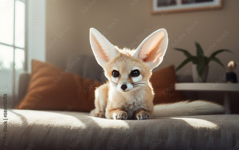 Comfortably nestled on a soft couch, a fennec fox relaxes in a sunlit living room