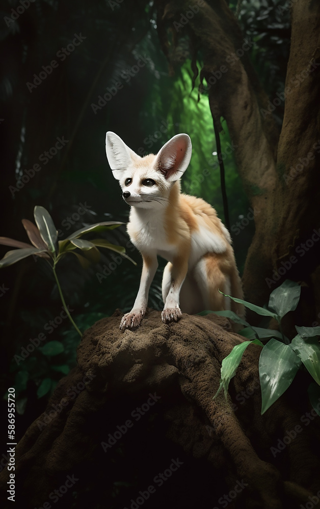 In a lush forest setting, a fennec fox stands alert on a log, embodying the wild spirit of the desert
