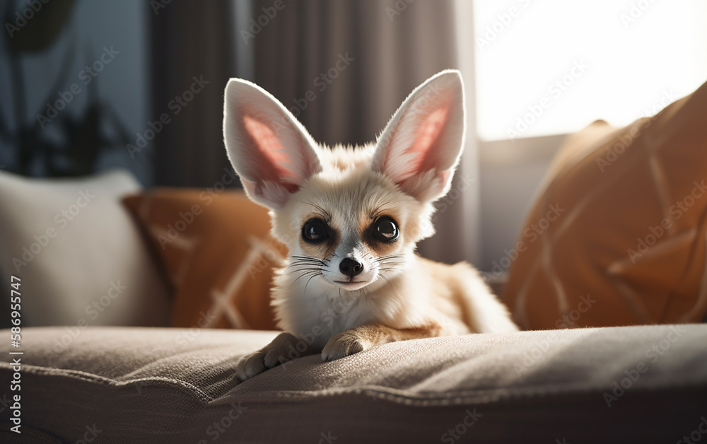 A small fox Fenech with oversized ears sits attentively on a cozy sofa, bathed in sunlight.