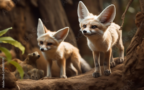 A pair of fennec foxes venture cautiously through their natural habitat, their senses heightened © Liana