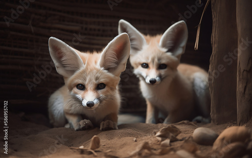 In the dim light of their den  fennec fox siblings sit close  their faces illuminated with curiosity
