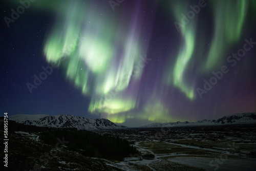 Bright purple and green aurora borealis wide open landscape, Thingvellir Iceland