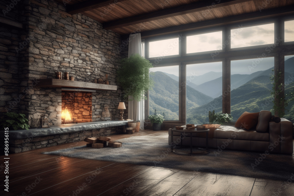 Luxury and modern living room interior, comfortable leather sofa, Luxury lounge, stone wall and fireplace, mountain view, log cabin interior Luxury and modern living room interior, comfortable leather sofa, Luxury lounge, stone wall and fireplace, mountain view, log cabin interior