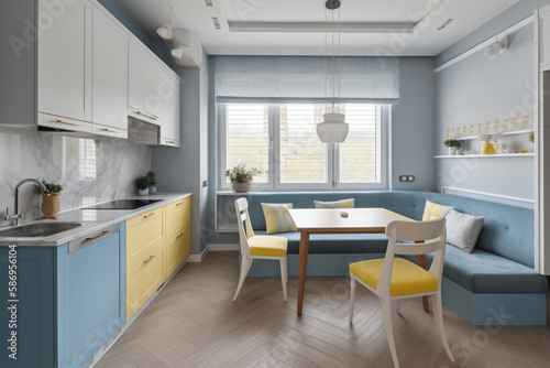 Scandinavian interior style modern studio small apartment in white, yellow and light blue colors, furniture in living area and kitchen area, window sofa seating © Gen AI