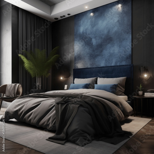 Stylish master bedroom interior, dark black, blue accent