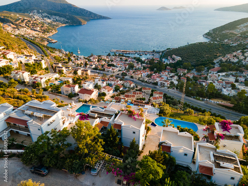 Aerial Drone View of Boutique Hotels and Holiday Homes in Kalkan Kaş Antalya, Turkey photo