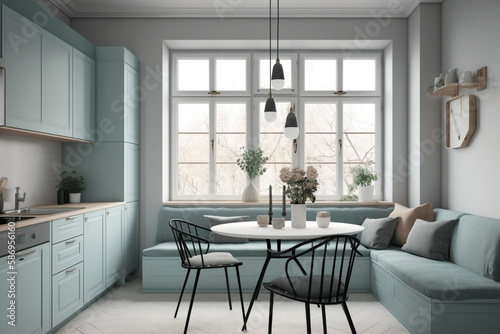 Scandinavian interior style modern studio small apartment in white and light blue colors, furniture in living area and kitchen area, window sofa seating