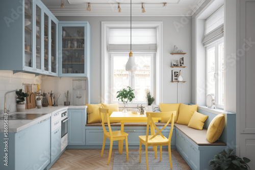 Scandinavian interior style modern studio small apartment in white, yellow and light blue colors, furniture in living area and kitchen area, window sofa seating