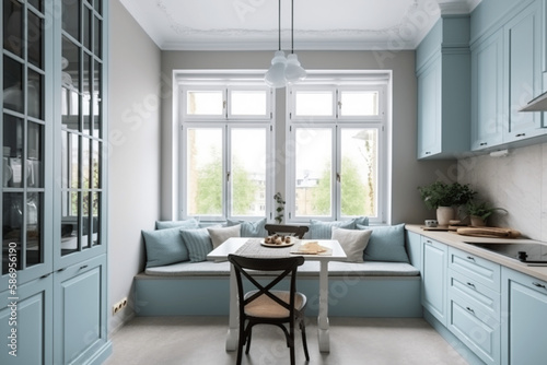 Scandinavian interior style modern studio small apartment in white and light blue colors  furniture in living area and kitchen area  window sofa seating