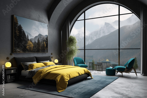 Stylish master bedroom interior, dark black, yellow accent