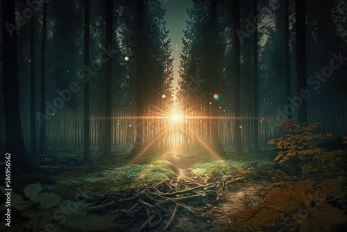 a beautiful day with sun stars in a forest  generative AI 