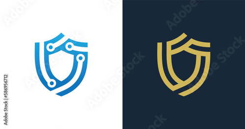 Shield Technology Security Logo Concept symbol icon sign Element Design. Tech, Cyber, Protection, Guardian Logotype. Vector illustration template