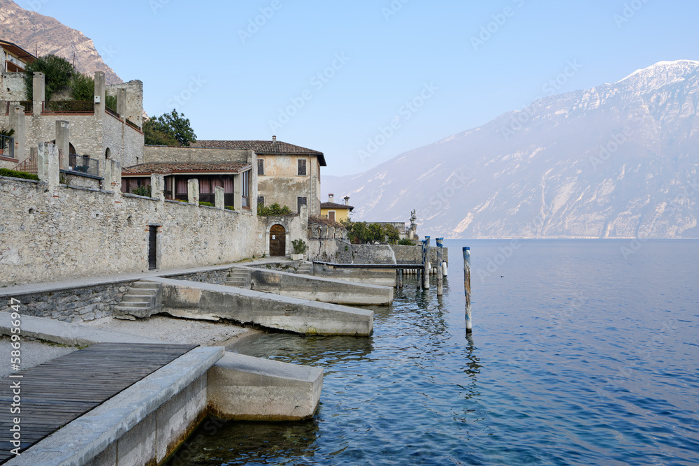 The view of town of Limone del Garda on Lake Garda. Province of Brescia, Lombardia, Italy.