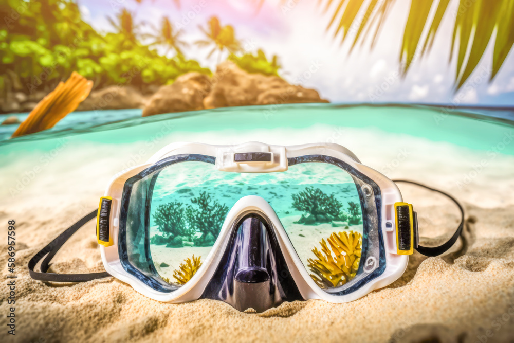 Snorkeling mask on the beach of a tropical Maldives island. AI generative