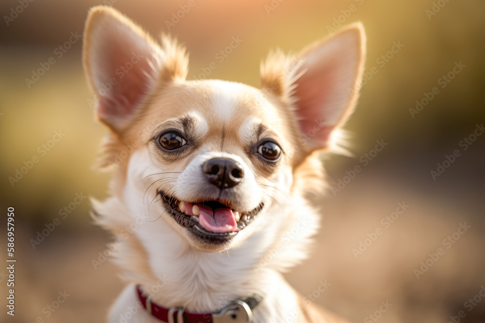 Chihuahua are a small breed of dog known for their energetic and playful nature, smiling portrait in park. AI generative