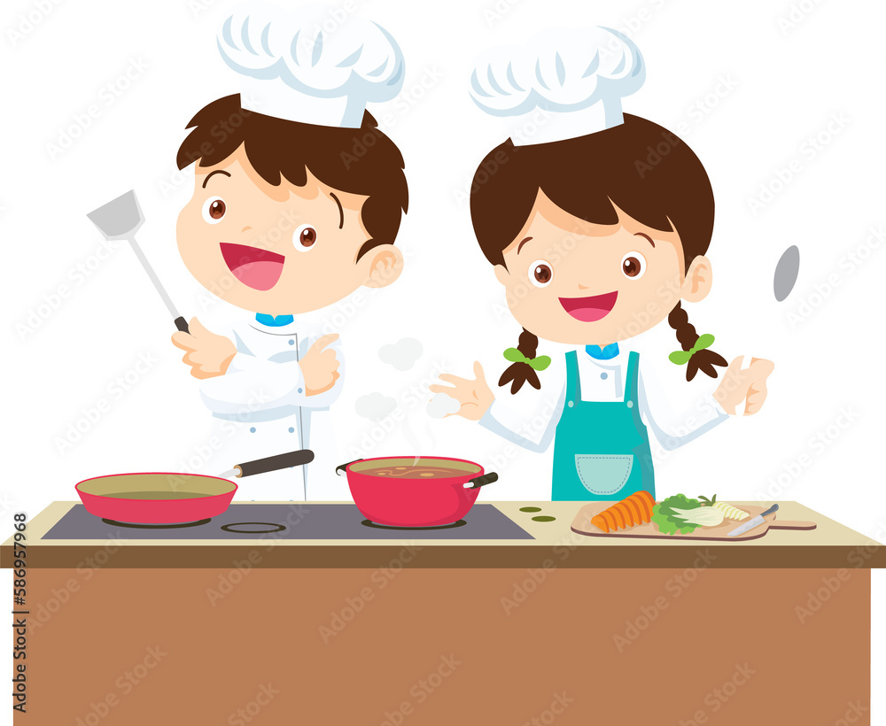 Cute chef Kids Boy and Girl cooking in the kitchen. little chef presenting. Cute chef Kids Boy and Girl cooking in the kitchen. little chef presenting.